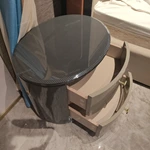 High-Gloss Round Nightstand with Grey Diagonal Pattern and Curved Cream Drawers